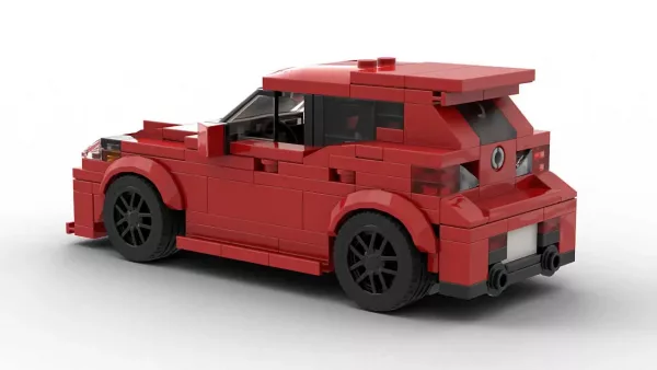 LEGO Mazda Mazdaspeed3 13 scale brick model in red color on white background rear view angle