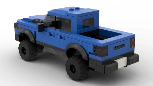 LEGO Ram TRX 21 scale brick model in blue color on white background rear view angle