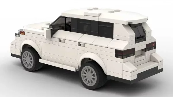 LEGO Toyota Highlander 15 scale brick model in white color on white background rear view angle