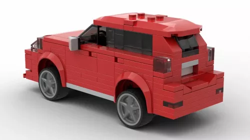 LEGO Volvo XC60 R 12 scale brick model in red color on white background rear view angle