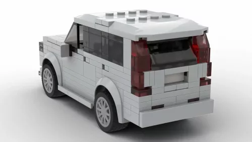 LEGO Volvo XC90 25 scale brick model in gray color on white background rear view angle