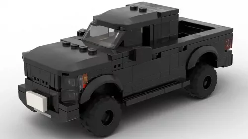 LEGO Ford F150 Raptor 21 scale brick model in black color on white background