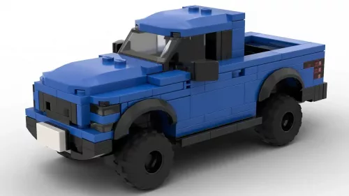 LEGO Ford F150 Raptor SuperCab 17 scale brick model in blue color on white background