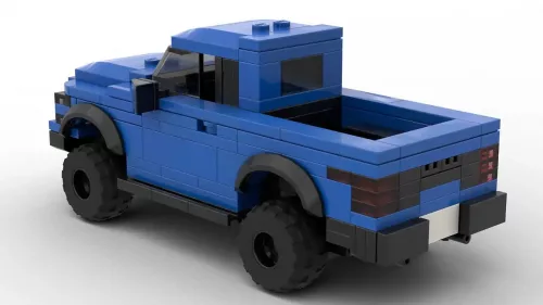 LEGO Ford F150 Raptor SuperCab 17 scale brick model in blue color on white background rear view angle