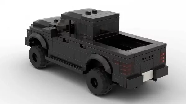 LEGO Ford F150 Raptor SuperCrew 19 scale brick model in black color on white background rear view angle