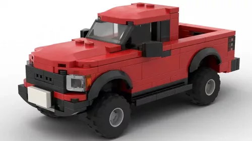 LEGO Ford F150 SVT Raptor SuperCab 10 scale brick model in red color on white background