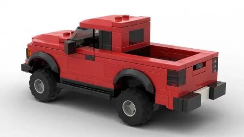 LEGO Ford F150 SVT Raptor SuperCab 10 scale brick model in red color on white background rear view angle