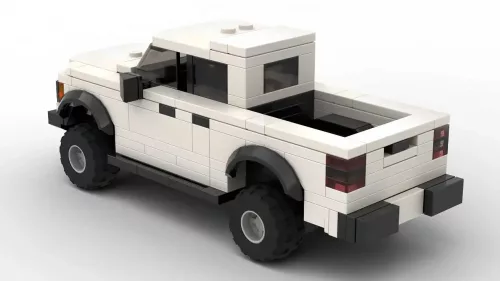 LEGO Ford F150 SVT Raptor SuperCrew 12 scale brick model in white color on white background rear view angle