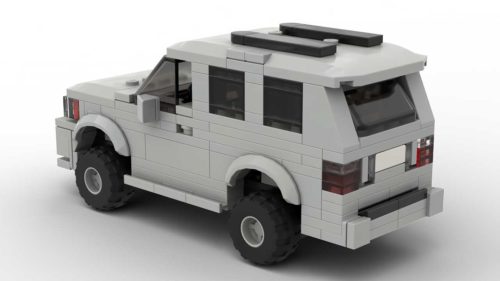 LEGO Infiniti QX4 01 scale brick model in gray color on white background rear view angle