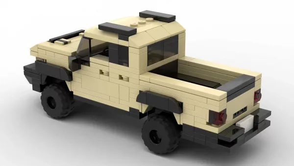 LEGO Kia Tasman 26 scale brick model in tan color on white background rear view angle