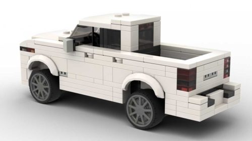 LEGO Ram 1500 25 scale brick model in white color on white background rear view angle