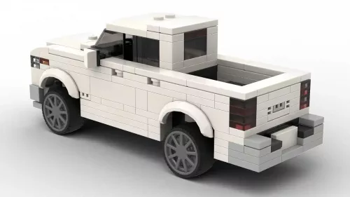 LEGO Ram 1500 Laramie 22 scale brick model in white color on white background rear