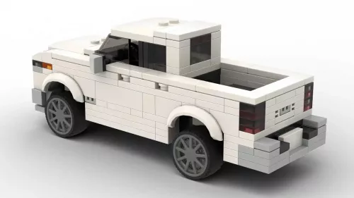 LEGO Ram 1500 Limited 19 scale brick model in white color on white background rear view angle