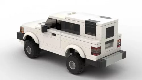 LEGO Toyota 4Runner 87 scale brick model in white color on white background rear view angle