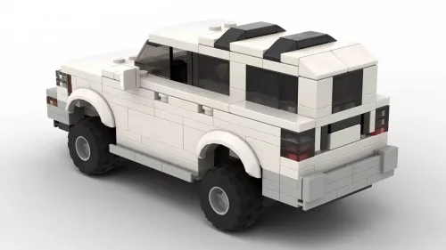 LEGO Toyota 4Runner 97 scale brick model in white color on white background rear view angle