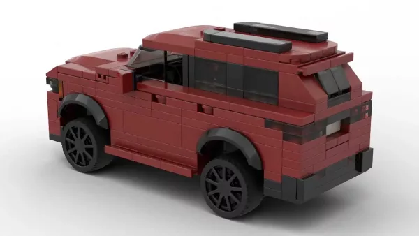 LEGO Toyota Sequoia 23 scale brick model in dark red color on white background in rear view angle