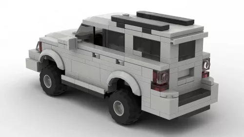 LEGO Toyota 4Runner 07 scale brick model in gray color on white background rear view angle